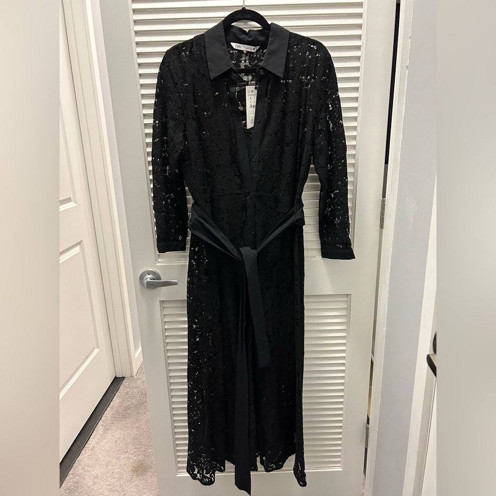 Black lace overlay button-down shirt dress